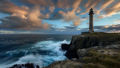 Naklejka premium Dramatic Lighthouse on Rocky Coast Under Stormy Sky 