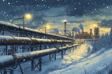 Fototapeta premium Scene of oil and gas industry in the winter, with pipelines and rigs covered in snow, with copy space.