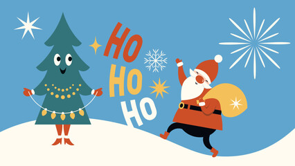 Merry Christmas card, Santa and Christmas Tree with cute face