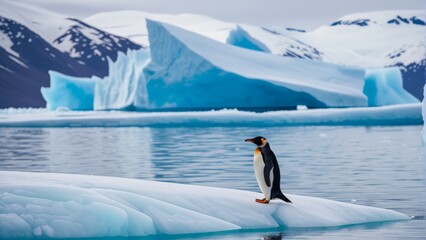 Majestic emperor penguin standing on iceberg amidst arctic glaciers