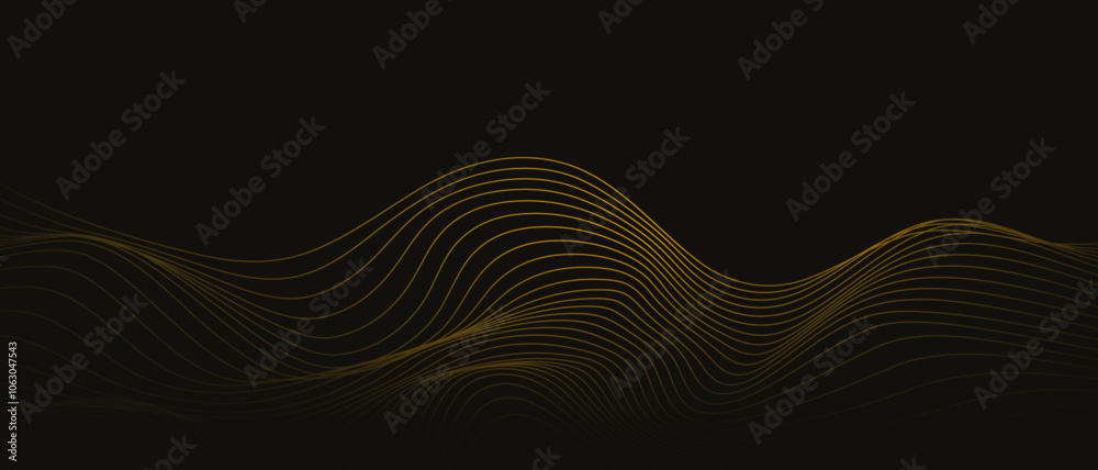 Poster abstract golden wave lines flowing on dark background. vector.