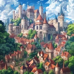 Fototapeta premium A majestic castle sits atop a hill overlooking a charming medieval town with red-tiled roofs and lush green trees.