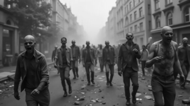 Black and white image of a crowd of zombies on the streets of a foggy city, image with blur effect