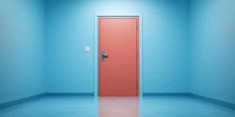 A blue room with a pink door and polished floor, minimalist design.