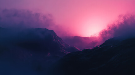 Majestic sunset over misty mountains creating a breathtaking landscape in a serene valley with vibrant hues blending together