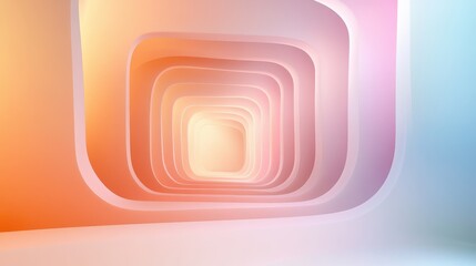 A long, narrow hallway with a pink and orange color scheme
