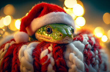 A festive green snake wearing a Santa hat rests on a cozy red and white knitted blanket amidst sparkling holiday lights