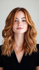 A woman with red hair and a necklace is smiling