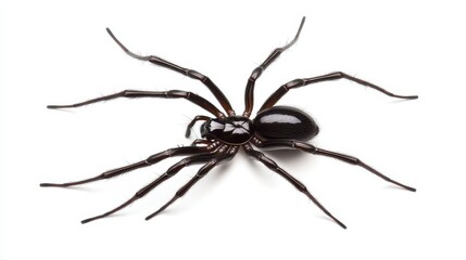 A large black spider is laying on a white background