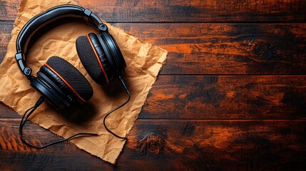 Black Headphones on Brown Paper and Wooden Background