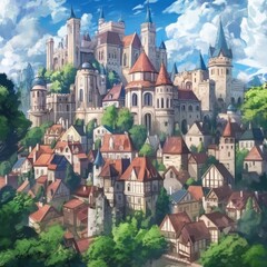 Obraz premium A medieval village nestled at the foot of a grand castle, surrounded by lush greenery.