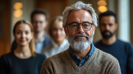 A smiling elderly man with a gray beard stands confidently in front of a diverse group of young professionals in an indoor setting