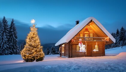 Illuminated wooden house with snowman and Christmas tree on snowy landscape