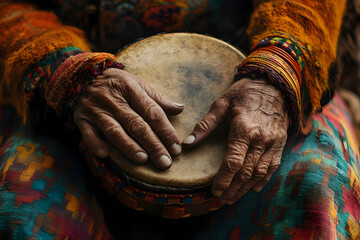 Close-up of weathered hands with drum, vibrant indigenous attire and textures