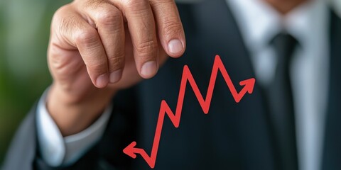 Businessman indicating upward trend with graph on background.