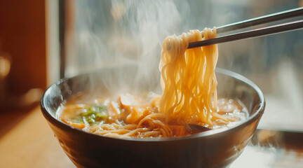 Hot noodles in Asian tradition, cooked meal served as soup in bowl, instant comfort food with chopsticks, closeup of tasty cuisine for quick lunch