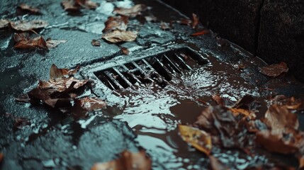 Close-up of leaves and debris blocking a storm drain, muddy rainwater pooling and overflowing onto the sidewalk