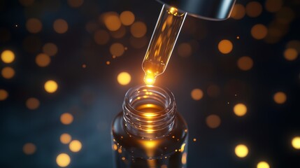 A glowing dropper releasing beauty essence into a bottle.