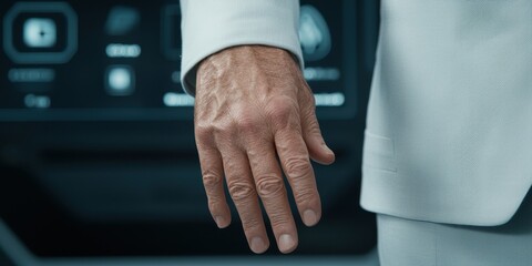 Obraz premium Close-up of a hand in a futuristic setting with technology in the background.