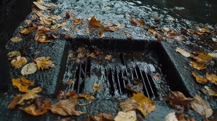 Fallen leaves and debris clogging a storm drain as heavy rainwater gushes out, spreading in a wide stream