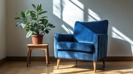 Cozy living room with a mini armchair in deep blue, paired with a wooden side table holding a potted plant, natural sunlight streaming in, and light hardwood floors,