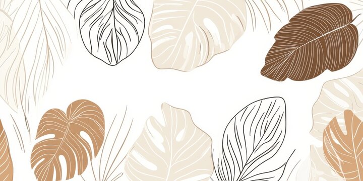 This design features elegant, brown and beige tropical leaves drawn in a simple, line-art style. It's perfect for adding a touch of luxury to decorations, prints, wallpaper, fabrics, or packaging.