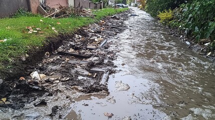 Gutter drain overflowing during a storm, with debris and water forming muddy pools around it
