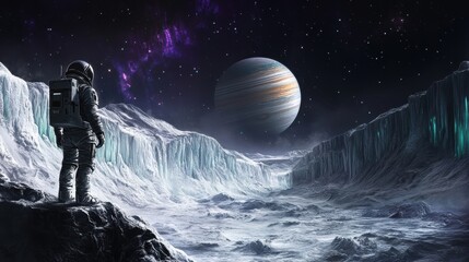Fototapeta premium Astronaut at the Edge of an Icy Landscape