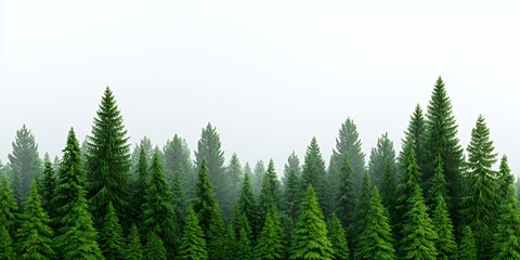 Fototapeta premium Misty forest with tall evergreen trees.