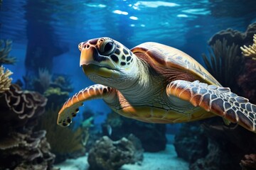 Fototapeta premium Sea turtle swimming underwater surrounded by coral and marine life. Nature and wildlife photography capturing oceanic beauty.