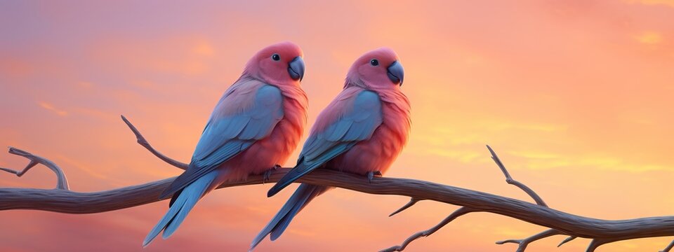 Two pink parrots sitting on a branch against a sunset sky. Romantic and colorful bird photography for nature and wildlife themes.