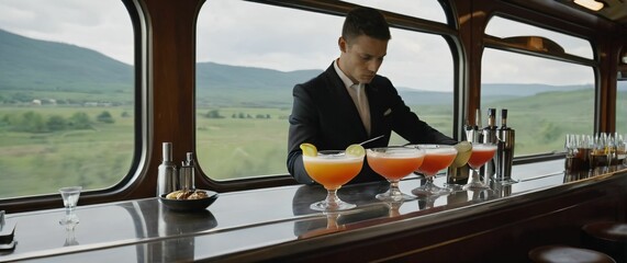 Luxury highspeed train bar a bartender preparing signature cocktails with a view of rushing landscapes