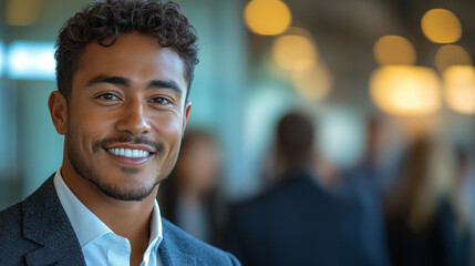 Fototapeta premium Smiling professional in an office setting, exuding confidence and energy with a blurred background.