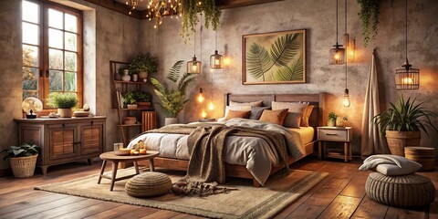 Cozy Mediterranean-Inspired Bedroom with Warm Autumn Hues and Natural Textures in Low Light Photography