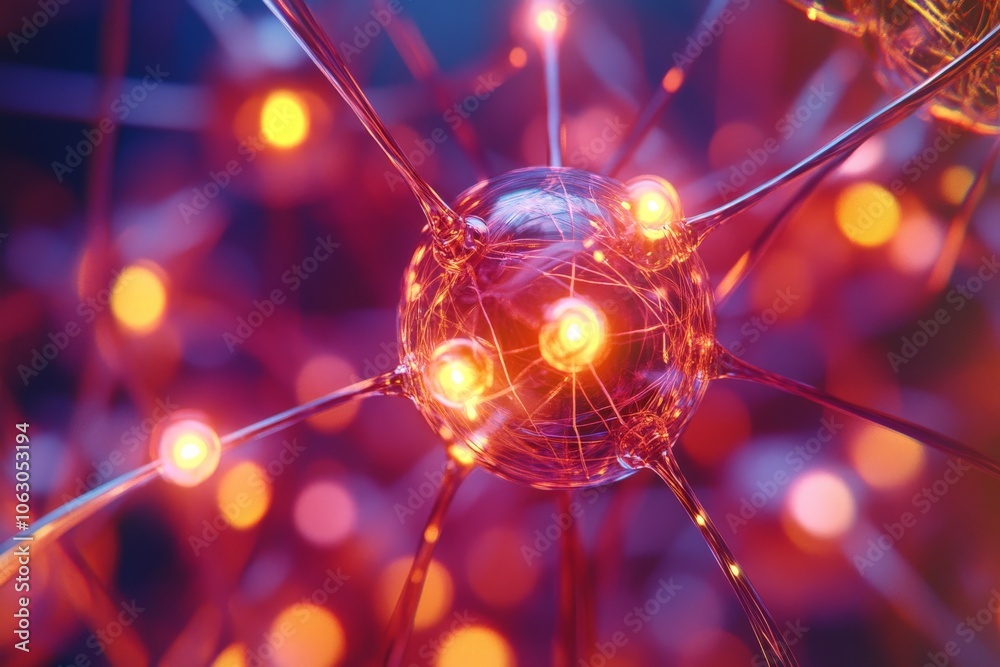 Fototapete An imaginative illustration of a glowing molecular network, featuring dynamic connections with vivid lights that emphasize an intricate web of radiant colors.
