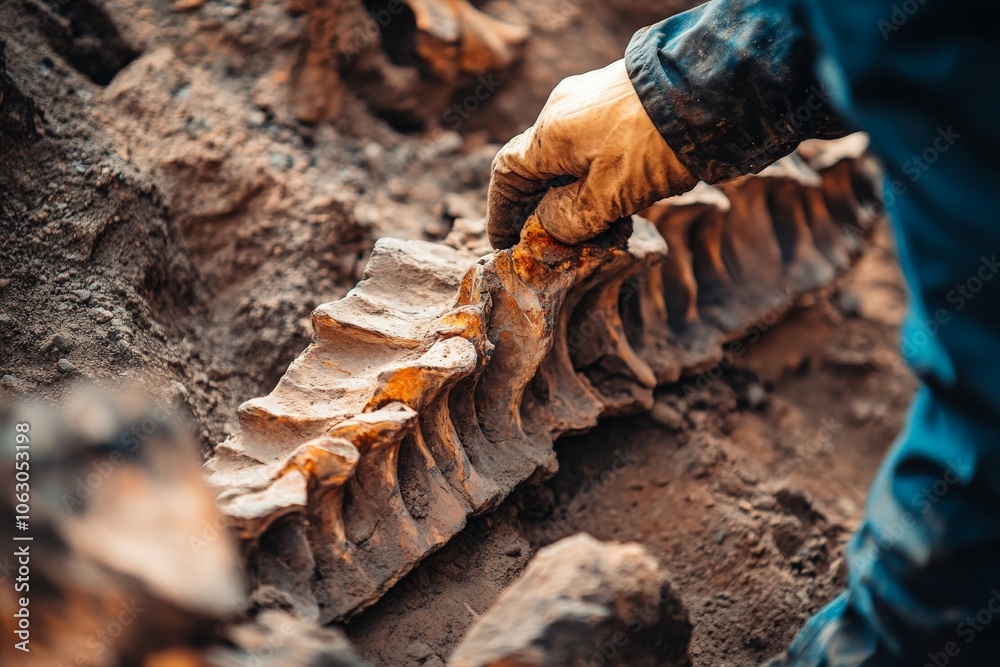 Poster an archaeologist gently uncovers a line of ancient vertebrae fossils in the earth, hinting at a sign