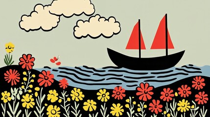 Fototapeta premium Colorful sailboat scene with flowers and clouds on calm sea