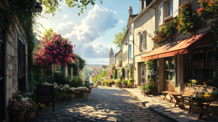 Fototapeta premium A tranquil riverside walkway adorned with colorful flowers in a picturesque town during golden hour
