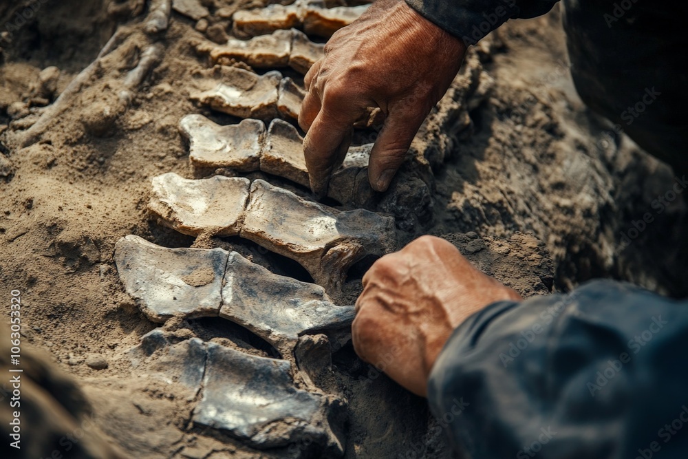 Aufkleber hands carefully examine fossil vertebrae in the dirt, showcasing the diligent and precise efforts of