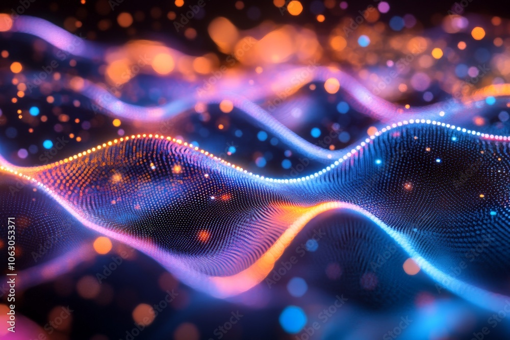 Fototapete a mesmerizing digital illustration featuring undulating, colorful waves dotted with glowing lights, 