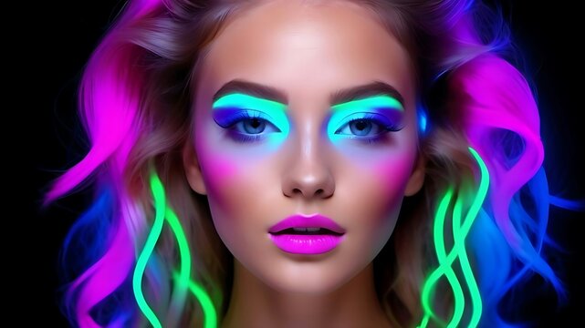 Portrait of a fashion model with the neon makeup. Created by Artist Nadia Russ.