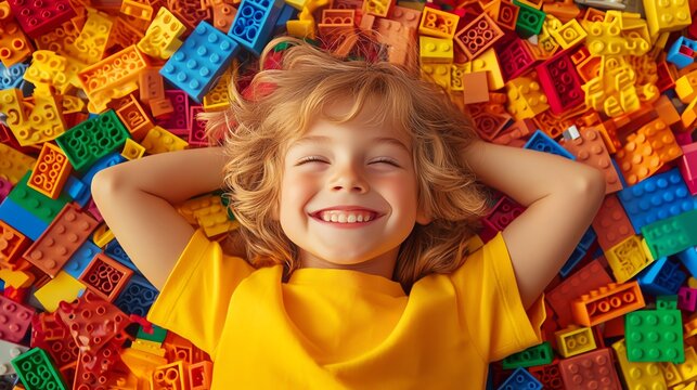 A young boy smiles while playing with colourful building blocks on the floor.