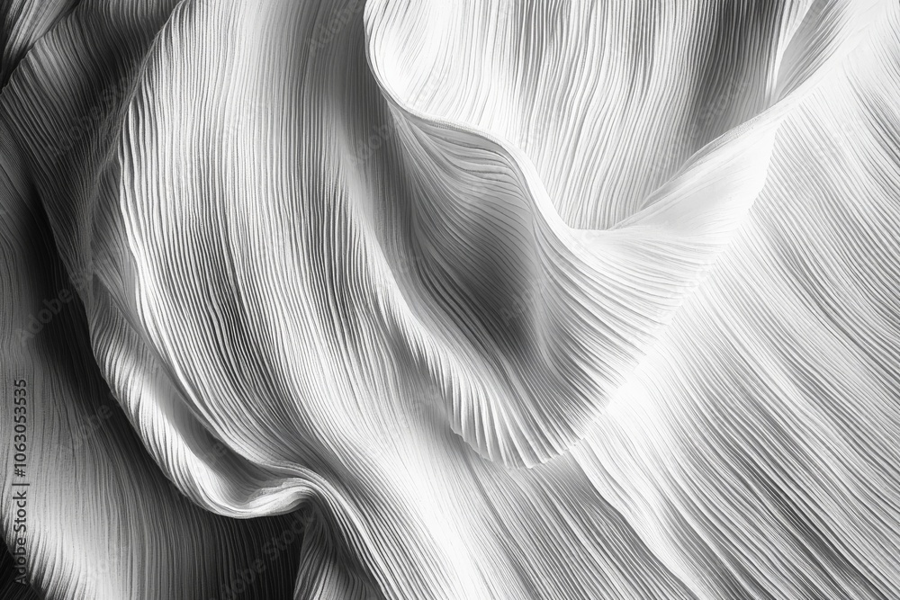 Poster an abstract depiction of flowing white fabric with intricate patterns and textures, conveying a sens