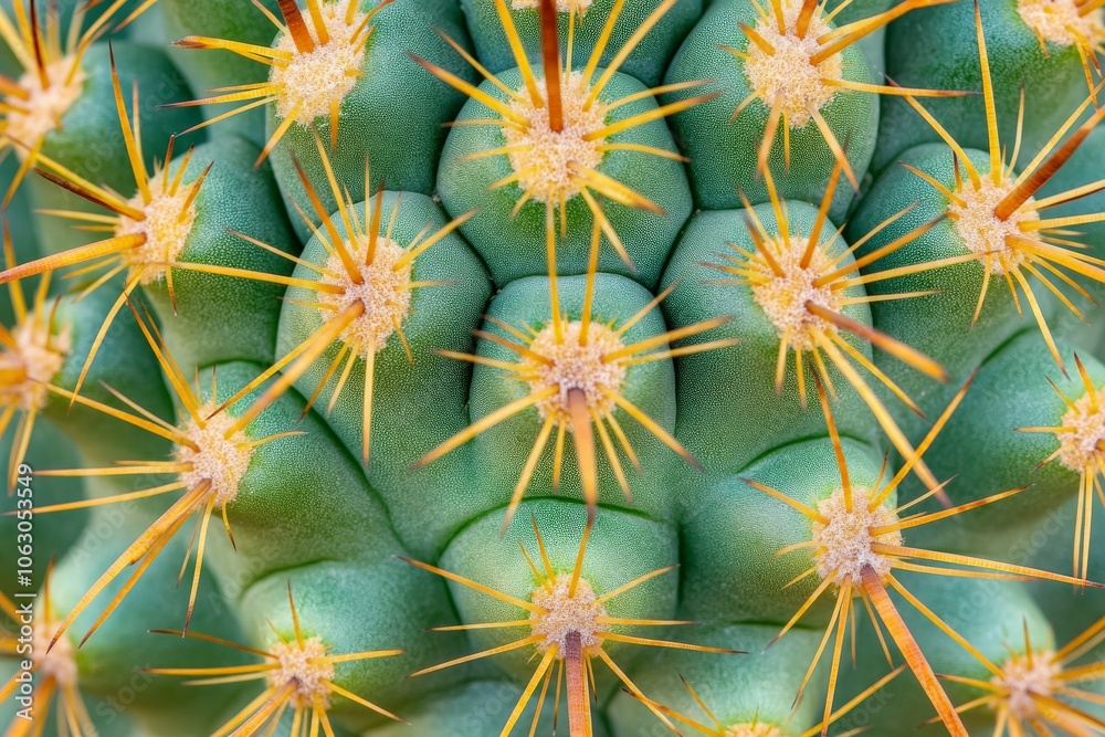 Poster a macro shot showcasing a vibrant green cactus with yellow spines, displaying a fascinating geometri