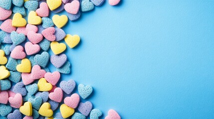 Obraz premium Abundance of valentine's candy hearts on vibrant blue, a sweet celebration of love and romance