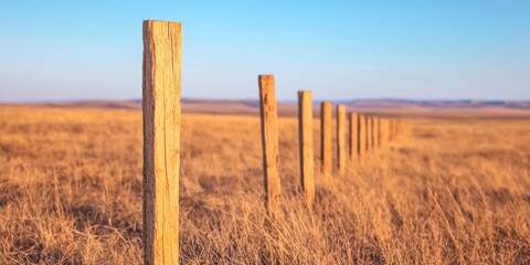 Fence posts in a vast golden field under a clear blue sky.