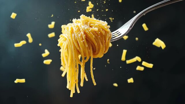 A fork holds a portion of spaghetti with cheese falling around it