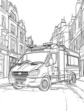 recommend clip art: A black and white illustration of an ambulance driving through a city street.