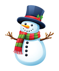 Cute snowman with hat, twig arms, and festive scarf celebrating winter. Vector cartoon illustration