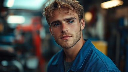 Obraz premium Young man with a beard and blue shirt is looking at the camera. He has a serious expression on his face